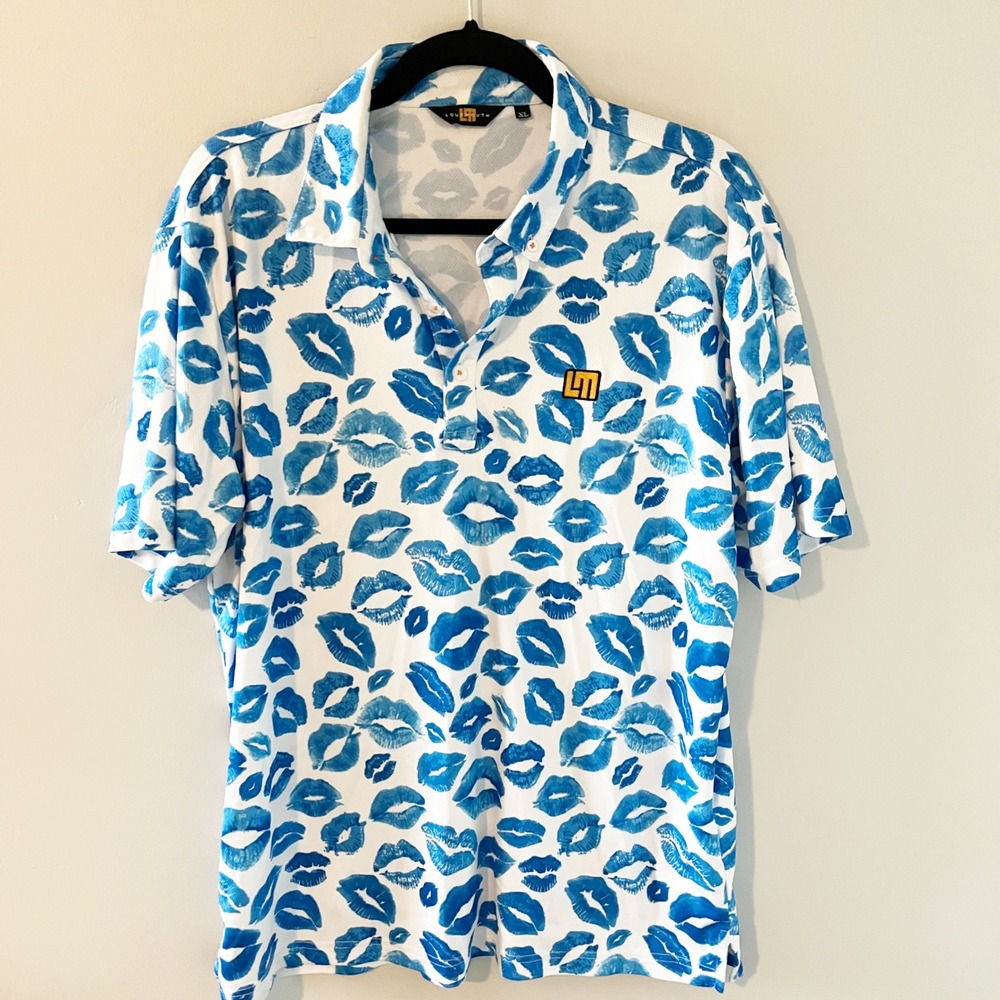 Loudmouth Golf Mens‎ XL Blue Lips Print Performance Mesh Polo Shirt